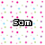 Pixelated text labels 'Sam', 'Loves', and 'Taylor' appear on a white background with scattered pink, blue, green, and purple squares.