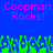 Blue background with pink pixelated text 'Coopman Rocks!' repeated twice, green pixelated shapes resembling grass or foliage at the bottom.