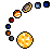 Pixel art of a solar system with a large yellow sun and seven smaller celestial bodies arranged in a curved line on a gray background.
