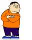 Pixelated cartoon character in orange hoodie and purple pants with crossed arms, blue shoes on white background.