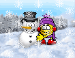 Animated contact sheet showing a snowman and cartoon character interacting in snowy landscape across 20 frames with varying poses and expressions.