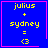Blue square with pink border displays yellow text 'julius + sydney = <3' and a small pink heart in top-right corner.