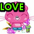 Pixelated character with pink hair and blue eyes appears in three distinct poses with text overlays reading LOVE, MY, and POPPET!