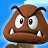 Brown Goomba character with angry expression and white teeth, next to "Super Mario Bros." text on blue background.