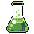 Pixelated flask with green liquid, white bubbles, and floating green squares against a gray background.