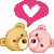 Two pixelated teddy bears kiss under pink speech bubbles with heart symbols, one white and one black.