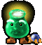 Green pixelated character with glowing halo, brown boots, and blue-and-orange creature at feet; eyes shift from open to closed between frames.
