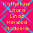 A static image with a bright pink background and blue diamond-shaped pattern, featuring yellow text listing names in two