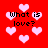 Red background with multiple light pink hearts and repeated black text 'What is love?' in pixelated font.
