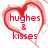 Red pixelated heart outline encloses red text reading 'hughes & kisses' on white background.
