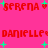 Pixelated red text and green plus signs on a bright pink background with repeated names 'serena' and 'danielle' separated by hearts.