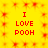 Yellow background with red pixelated text "I LOVE POOH" repeated in four quadrants, surrounded by small red starburst patterns.