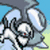 Pixelated character with white face and red eyes, gray hair, and blue background, showing animation changes in pose and background color.