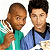 Two pixelated people in medical scrubs on left, green text "Original Icons .com" on right against dark background.