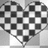 A pixelated heart with a checkered pattern, followed by text reading 'emily+kevin jonas' and 'LOVE<3' on a black background.