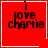 Red square icon with black text "i love charlie" and white border; one frame shows a small white heart, another shows a small white starburst symbol.