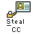 Pixel art icon shows a yellow watering can pouring water toward a computer monitor displaying a yellow-bordered photo frame with horizontal lines on the right side, below which is text reading 'Steal CC' in pixelated font.