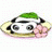 Pixelated image of a panda-like character with green hair, pink flower, and white-and-black face on a light background.