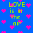 Blue background with repeated green text 'LOVE is in the air' and pink pixelated hearts scattered throughout.