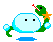 Pixel art animation of a light blue blob character with black eyes, green limbs, and an orange star on its arm, holding a red-tipped stick while standing over a blue puddle.
