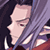 Pixelated anime-style character face with purple hair and red eyes in a static 256x256 image.
