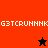 Pixelated icon with red and black quadrants, repeating text, and two star symbols in different colors and positions.