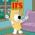Animated character with large eye and yellow body holds purple pillow, text changes across frames.