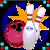 Pixelated bowling pin with orange starburst, pink and white body, black eyes on a blue circular background.