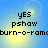 Pixelated text 'yes pshaw burn-o-ram' on blue background with yellow glow, animated by shifting light patterns.