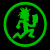 Three sampled frames of a green and white running stick figure icon in circular borders on black background with gray transparency area.