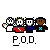 Pixel art animation of four figures in a , transitioning from distinct individual poses to a uniform group stance with a blue background and 'P.O.D.' text