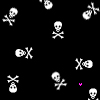 Black background filled with white skull-and-crossbones symbols and pink dotted lines forming interconnected patterns.