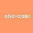 Four solid-colored square display the text 'sho-zam!' in white pixelated font, arranged in a with orange top-left, purple bottom-left, and two shades of pink on the right