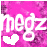 Pixelated pink background with white text 'megz' and a heart symbol; one frame shows the heart in bottom-left, another in top-right.