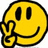 Yellow smiley face with black outline and eyes, making peace sign gesture on left side; green text 'Cathy Roxs' on light blue background.