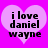 Two identical heart-shaped icons with pink backgrounds and black text reading "i love daniel wayne" on a bright purple backdrop.