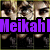 Pixelated image of a person with brown hair and dark eyes, overlaid with colored text reading "Meikahl loves Harry pott" in purple, red, and cyan.