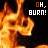 Animated fire background with 'OH, BURN!' text in orange and white on black; flame shapes shift across frames while text colors alternate between orange and white.