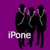Three silhouetted figures in black suits stand against a solid purple background with the text 'IPone' displayed below them.