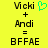 Yellow background displays text 'Vicki + Andi = BFFAE' with a green pixelated heart symbol next to 'Vicki'.