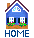 Four pixel-art house icons arranged in a 2x2 contact sheet with "HOME" text below each, showing color variations between frames.