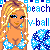 Pixel art contact sheet showing two frames of an animated beach-themed buddy icon with a blonde woman in blue bikini and pom-poms, text "beach" and "v-ball" repeating across the background.
