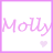 Pixelated pink text 'Molly' with a heart symbol below, displayed in two side-by-side on white backgrounds bordered by light purple frames