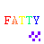Pixelated text 'FATTY' in rainbow colors with a purple checkered pattern below on white background.