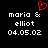 Pixelated black background with white text reading "maria & elliot 04.05.02" and a red heart symbol above the ampersand in both