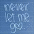 Blue background with light blue cursive text 'never let me go' and a heart symbol formed by the letter 'o', displayed in four