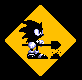 Pixelated character with black spiky hair and blue shoes holds a shovel in yellow diamond-shaped background.