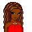 Pixel art of a woman with brown skin, long curly light-brown hair, and blue eyes wearing a red dress and pink shoes.