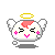 Pixelated angel icon with pink cheeks, closed eyes, and a yellow halo in multiple poses showing wing and shadow variations.