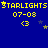 Blue background with yellow text repeating 'STARLIGHTS' and '07-08', each followed by '<3', stars scattered throughout, some stars animated to change position or size.